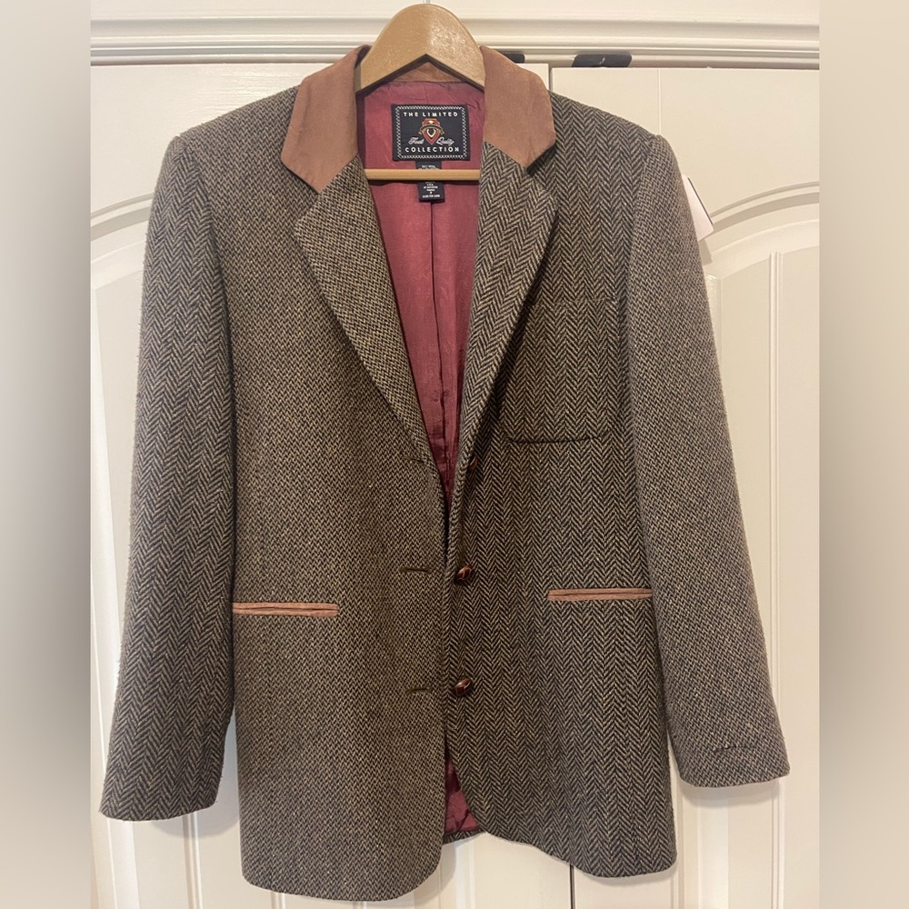 Vintage The Limited Blazer Jacket Womens Large Wool Herringbone Suede Trim